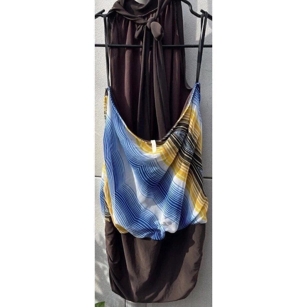 Vintage Yippee Women’s Strapless dress made USA Y2K Blue Brown Yellow Tie